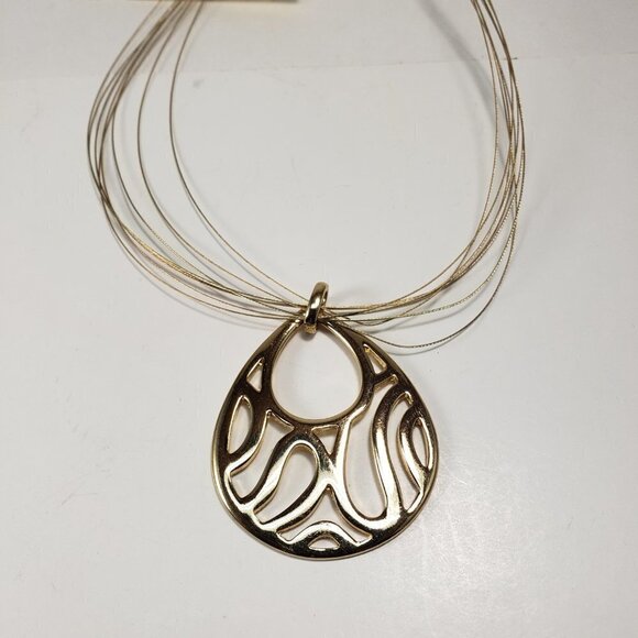 Gold-tone Multi Strand Wires Necklace with Big Filigree Pendant C1 - Picture 7 of 9